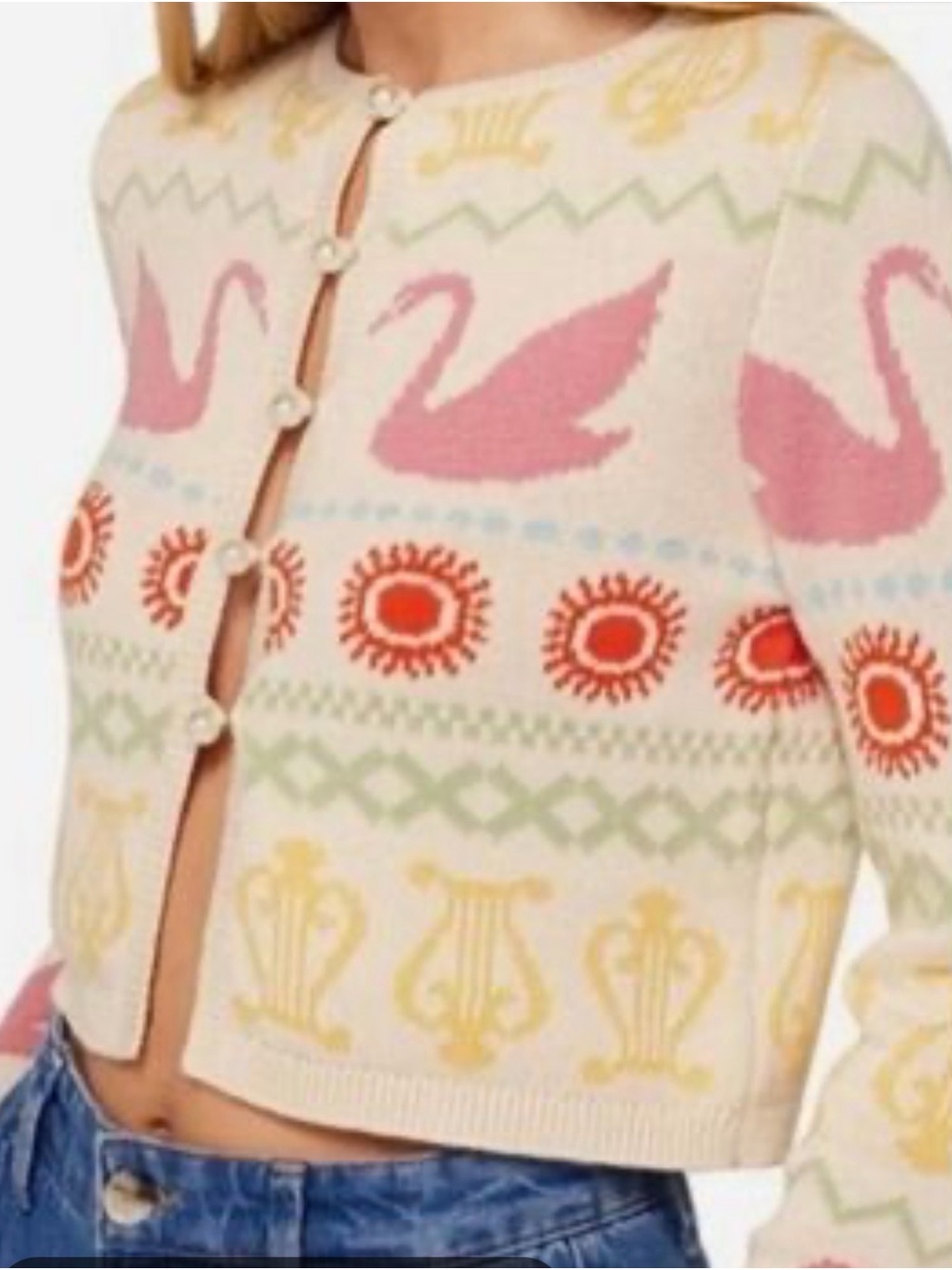 Cream Swan Motif Cropped Cardigan with Pearl Buttons
